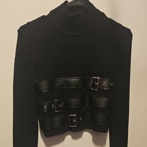 Black Turtleneck Sweater with Buckle Accents